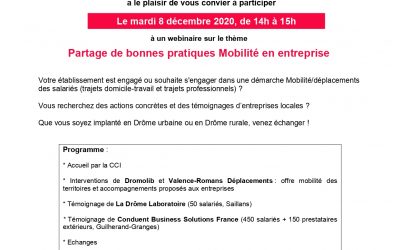 Webinaire « Partage de bonnes pratiques Mobilité en entreprise » – 8 Décembre 2020 de 14h à 15h